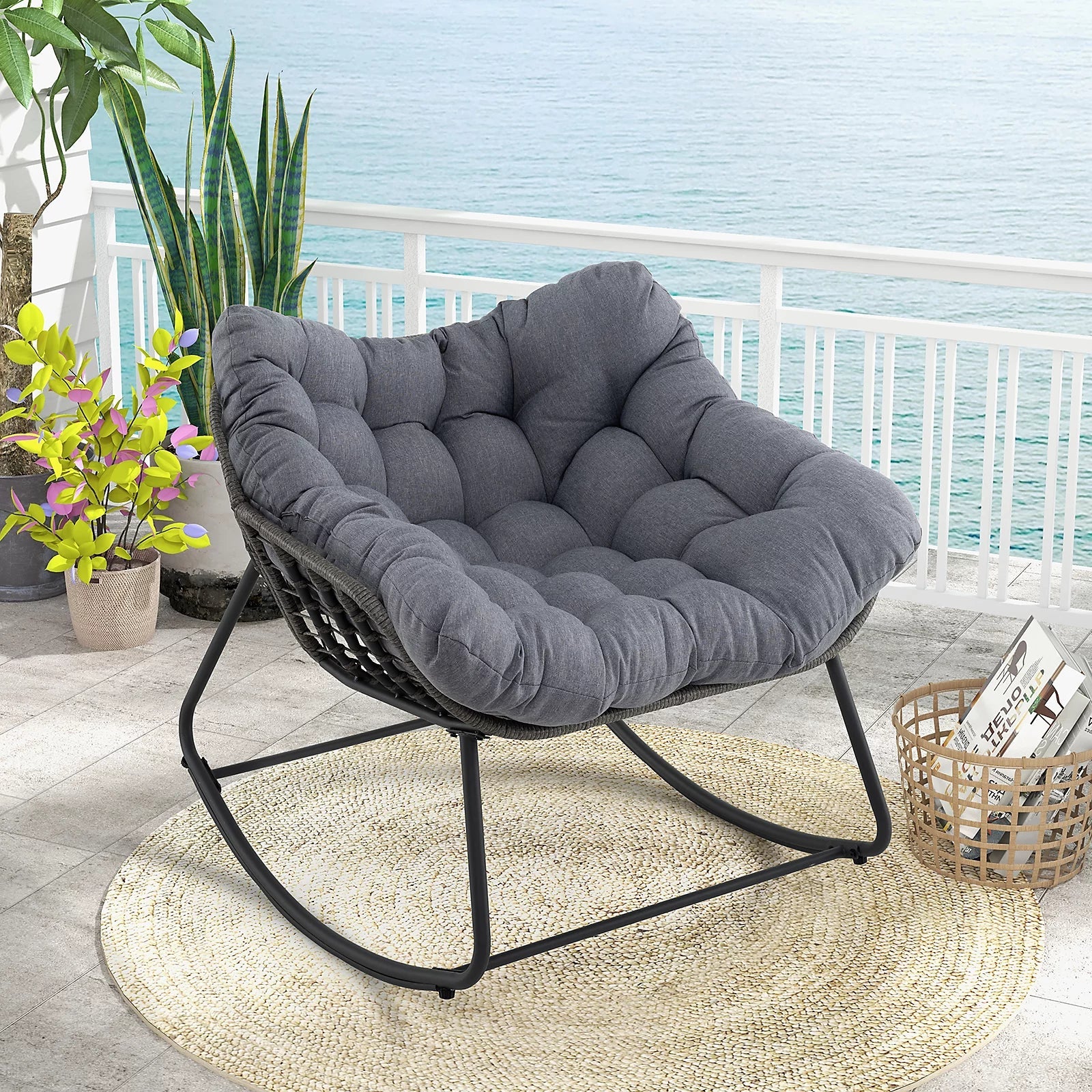 COSTWAY Outdoor Rocking Chair Oversized Patio PE Wicker Garden Egg Chair